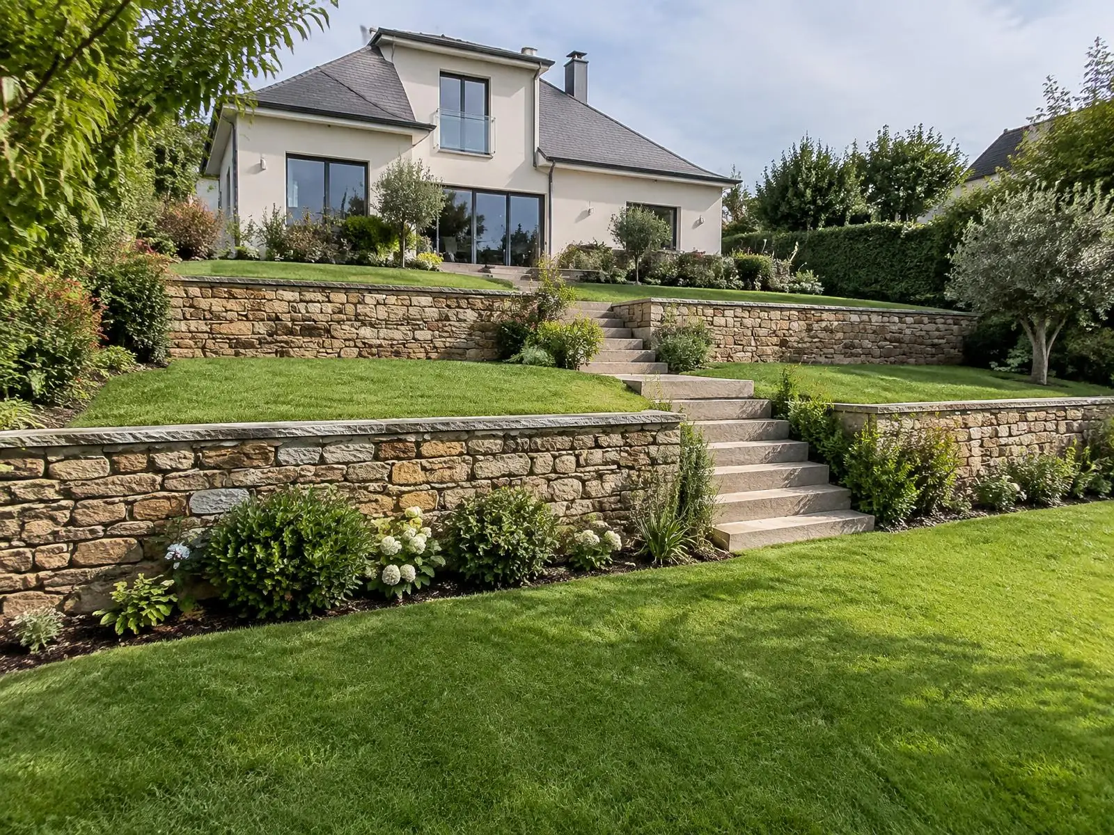 Un jardin en terrasses devant une maison : pelouses, murets de pierre, escalier et massifs.