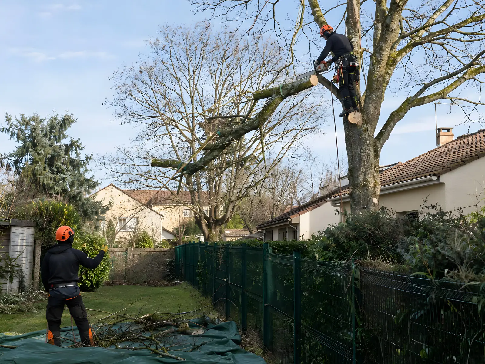 Élagueur casqué et encordé dans un grand arbre, tronçonneuse en main, une branche tenue par une corde ; un collègue au sol.
